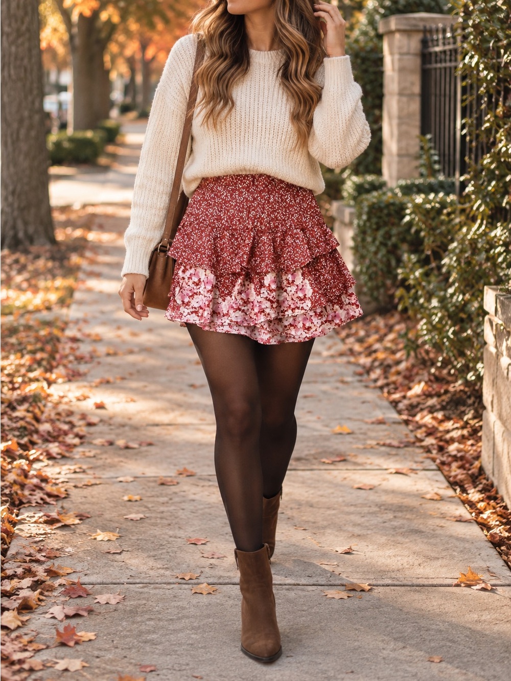 🍂ALTARD STATE Floral Tiered Ruffle Mini Skirt in Burgundy + Pink - Large